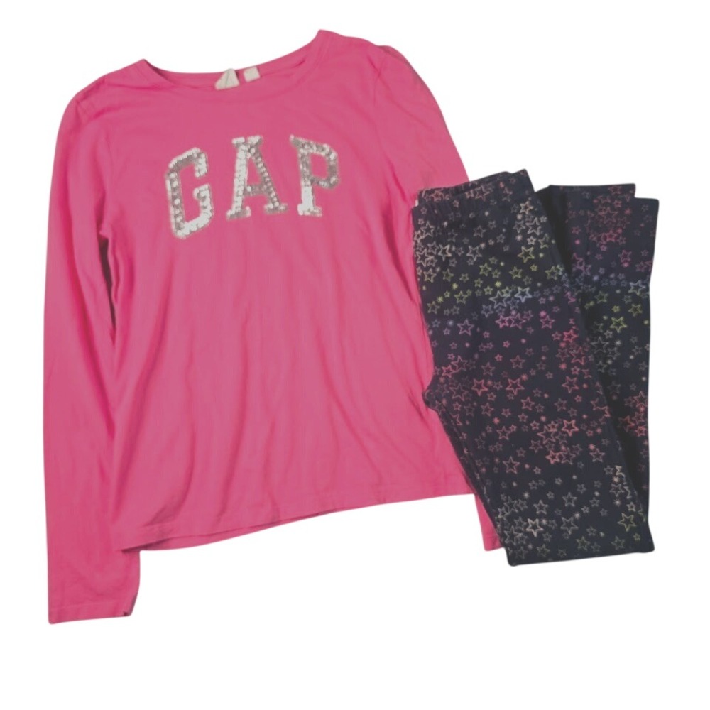 Gap Kids 2PC Outfit Set XL 12 Pink Sequin‎ Shirt Navy Rainbow Star Leggings